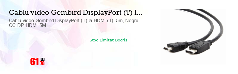 Cablu video Gembird DisplayPort (T) la HDMI (T), 5m, Negru, CC-DP-HDMI-5M