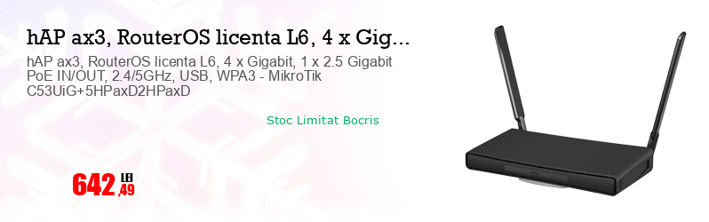 hAP ax3, RouterOS licenta L6, 4 x Gigabit, 1 x 2.5 Gigabit PoE IN/OUT, 2.4/5GHz, USB, WPA3 - MikroTik C53UiG+5HPaxD2HPaxD  