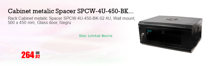 Rack Cabinet metalic Spacer SPCW-4U-450-BK-02 4U, Wall mount, 500 x 450 mm, Glass door, Negru