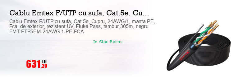 Cablu Emtex F/UTP cu sufa, Cat.5e, Cupru, 24AWG/1, manta PE, Fca, de exterior, rezistent UV, Fluke Pass, tambur 305m, negru EMT-FTP5EM-24AWG.1-PE-FCA