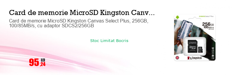 Card de memorie MicroSD Kingston Canvas Select Plus, 256GB, 100/85MB/s, cu adaptor SDCS2/256GB