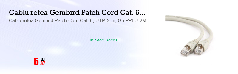 Cablu retea Gembird Patch Cord Cat. 6, UTP, 2 m, Gri PP6U-2M