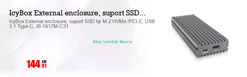 IcyBox External enclosure, suport SSD tip M.2 NVMe /PCI-E, USB 3.1 Type-C, IB-1817M-C31