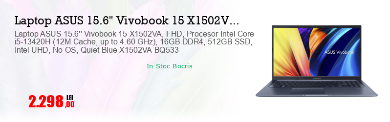 Laptop ASUS 15.6'' Vivobook 15 X1502VA, FHD, Procesor Intel Core i5-13420H (12M Cache, up to 4.60 GHz), 16GB DDR4, 512GB SSD, Intel UHD, No OS, Quiet Blue X1502VA-BQ533