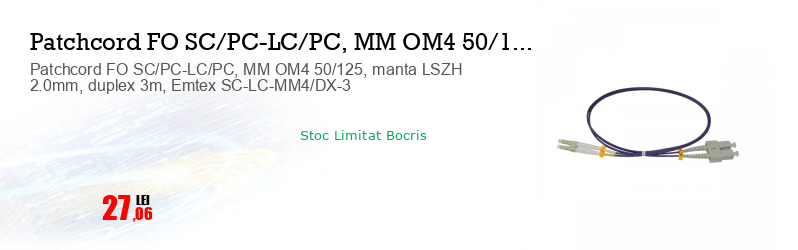 Patchcord FO SC/PC-LC/PC, MM OM4 50/125, manta LSZH 2.0mm, duplex 3m, Emtex SC-LC-MM4/DX-3