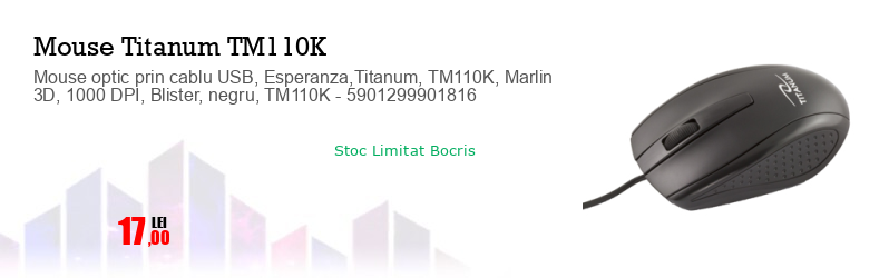 Mouse optic prin cablu USB, Esperanza,Titanum, TM110K, Marlin 3D, 1000 DPI, Blister, negru, TM110K - 5901299901816