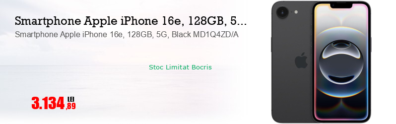 Smartphone Apple iPhone 16e, 128GB, 5G, Black MD1Q4ZD/A