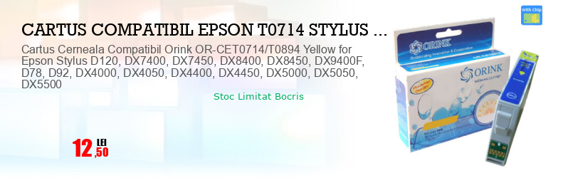 Cartus Cerneala Compatibil Orink OR-CET0714/T0894 Yellow for Epson Stylus D120, DX7400, DX7450, DX8400, DX8450, DX9400F, D78, D92, DX4000, DX4050, DX4400, DX4450, DX5000, DX5050, DX5500
