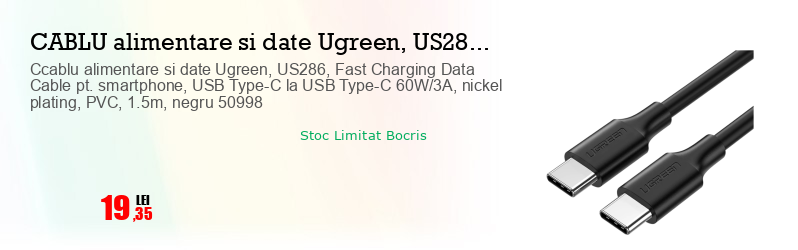 Ccablu alimentare si date Ugreen, US286, Fast Charging Data Cable pt. smartphone, USB Type-C la USB Type-C 60W/3A, nickel plating, PVC, 1.5m, negru 50998