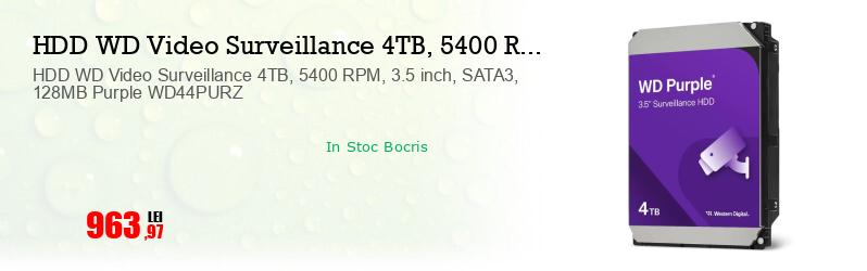 HDD WD Video Surveillance 4TB, 5400 RPM, 3.5 inch, SATA3, 128MB Purple WD44PURZ