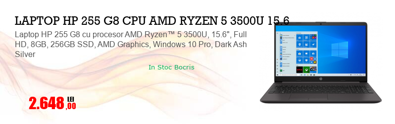 Laptop HP 255 G8 cu procesor AMD Ryzen™ 5 3500U, 15.6", Full HD, 8GB, 256GB SSD, AMD Graphics, Windows 10 Pro, Dark Ash Silver