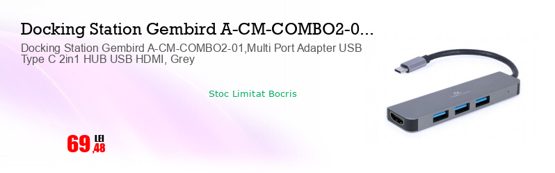 Docking Station Gembird A-CM-COMBO2-01,Multi Port Adapter USB Type C 2in1 HUB USB HDMI, Grey