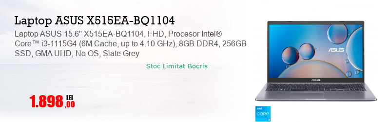 Laptop ASUS 15.6'' X515EA-BQ1104, FHD, Procesor Intel® Core™ i3-1115G4 (6M Cache, up to 4.10 GHz), 8GB DDR4, 256GB SSD, GMA UHD, No OS, Slate Grey