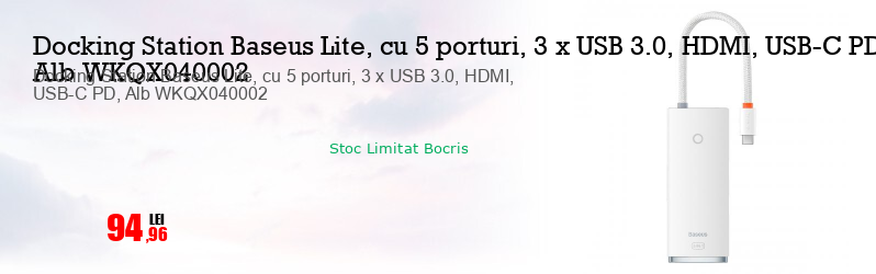Docking Station Baseus Lite, cu 5 porturi, 3 x USB 3.0, HDMI, USB-C PD, Alb WKQX040002