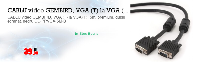 CABLU video GEMBIRD, VGA (T) la VGA (T), 5m, premium, dublu ecranat, negru CC-PPVGA-5M-B