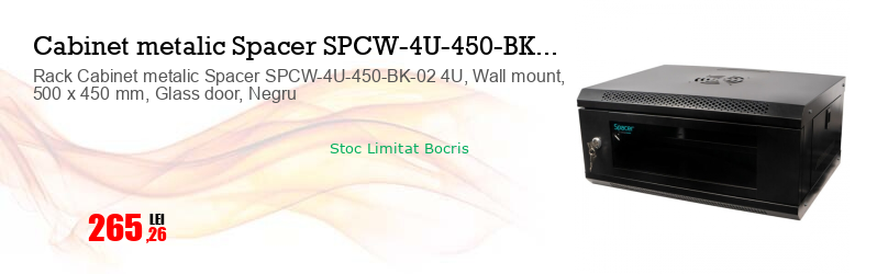 Rack Cabinet metalic Spacer SPCW-4U-450-BK-02 4U, Wall mount, 500 x 450 mm, Glass door, Negru
