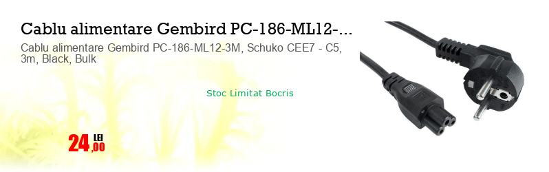 Cablu alimentare Gembird PC-186-ML12-3M, Schuko CEE7 - C5, 3m, Black, Bulk