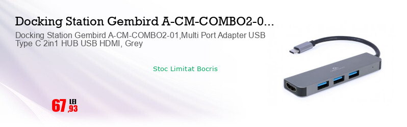 Docking Station Gembird A-CM-COMBO2-01,Multi Port Adapter USB Type C 2in1 HUB USB HDMI, Grey