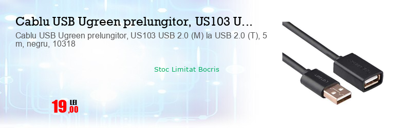 Cablu USB Ugreen prelungitor, US103 USB 2.0 (M) la USB 2.0 (T), 5 m, negru, 10318