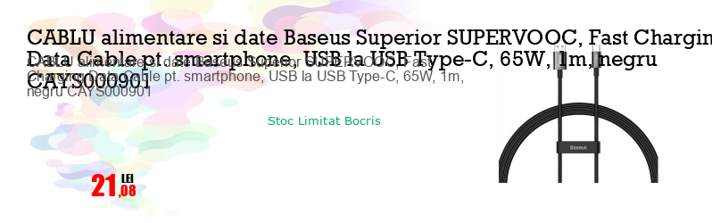 CABLU alimentare si date Baseus Superior SUPERVOOC, Fast Charging Data Cable pt. smartphone, USB la USB Type-C, 65W, 1m, negru CAYS000901