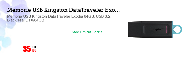 Memorie USB Kingston DataTraveler Exodia 64GB, USB 3.2, Black/Teal DTX/64GB