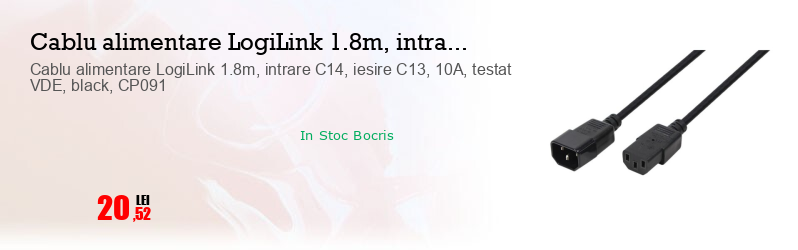 Cablu alimentare LogiLink 1.8m, intrare C14, iesire C13, 10A, testat VDE, black, CP091