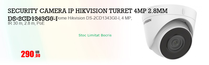 Camera supraveghere IP Dome Hikvision DS-2CD1343G0-I, 4 MP, IR 30 m, 2.8 m, PoE
