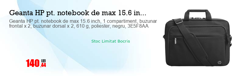 Geanta HP pt. notebook de max 15.6 inch, 1 compartiment, buzunar frontal x 2, buzunar dorsal x 2, 610 g, poliester, negru, 3E5F8AA