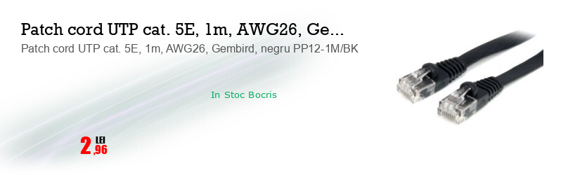 Patch cord UTP cat. 5E, 1m, AWG26, Gembird, negru PP12-1M/BK
