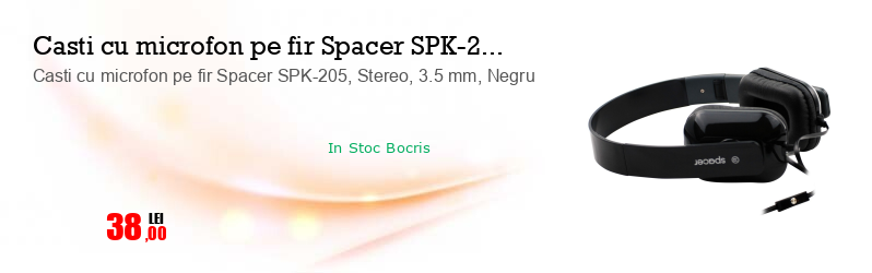 Casti cu microfon pe fir Spacer SPK-205, Stereo, 3.5 mm, Negru