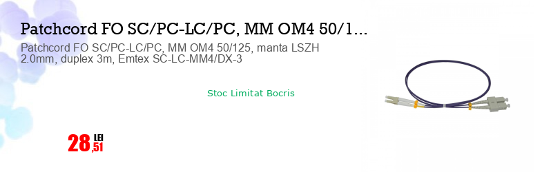Patchcord FO SC/PC-LC/PC, MM OM4 50/125, manta LSZH 2.0mm, duplex 3m, Emtex SC-LC-MM4/DX-3