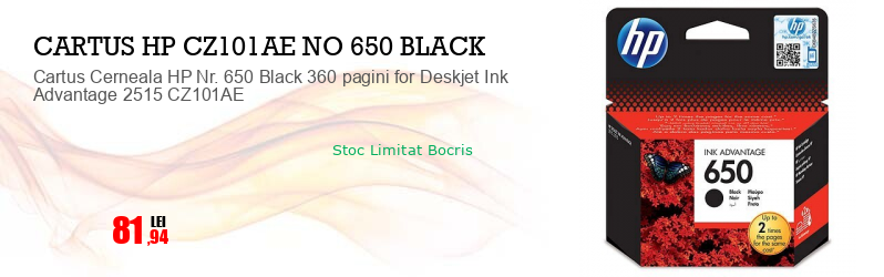 Cartus Cerneala HP Nr. 650 Black 360 pagini for Deskjet Ink Advantage 2515 CZ101AE