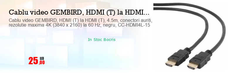 Cablu video GEMBIRD, HDMI (T) la HDMI (T), 4.5m, conectori auriti, rezolutie maxima 4K (3840 x 2160) la 60 Hz, negru, CC-HDMI4L-15