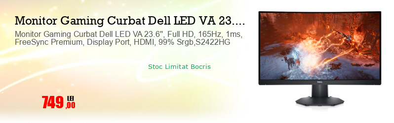 Monitor Gaming Curbat Dell LED VA 23.6'', Full HD, 165Hz, 1ms, FreeSync Premium, Display Port, HDMI, 99% Srgb,S2422HG  