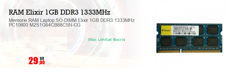 Memorie RAM Laptop SO-DIMM Elixir 1GB DDR3 1333MHz PC10600 M2S1G64CB88C5N-CG