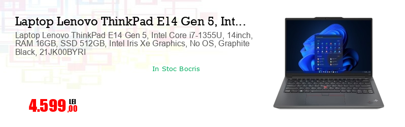 Laptop Lenovo ThinkPad E14 Gen 5, Intel Core i7-1355U, 14inch, RAM 16GB, SSD 512GB, Intel Iris Xe Graphics, No OS, Graphite Black, 21JK00BYRI
