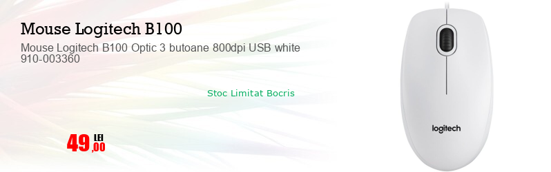 Mouse Logitech B100 Optic 3 butoane 800dpi USB white 910-003360