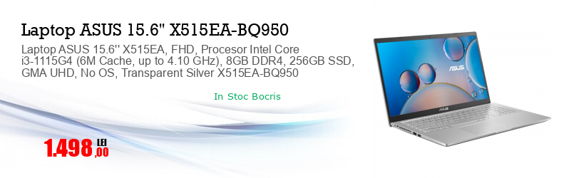Laptop ASUS 15.6'' X515EA, FHD, Procesor Intel Core i3-1115G4 (6M Cache, up to 4.10 GHz), 8GB DDR4, 256GB SSD, GMA UHD, No OS, Transparent Silver X515EA-BQ950