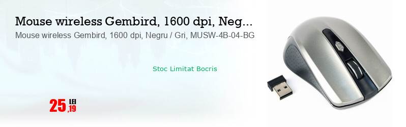 Mouse wireless Gembird, 1600 dpi, Negru / Gri, MUSW-4B-04-BG
