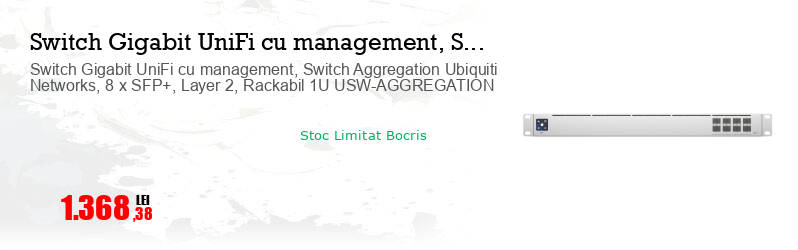 Switch Gigabit UniFi cu management, Switch Aggregation Ubiquiti Networks, 8 x SFP+, Layer 2, Rackabil 1U USW-AGGREGATION