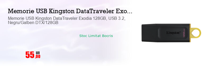 Memorie USB Kingston DataTraveler Exodia 128GB, USB 3.2, Negru/Galben DTX/128GB