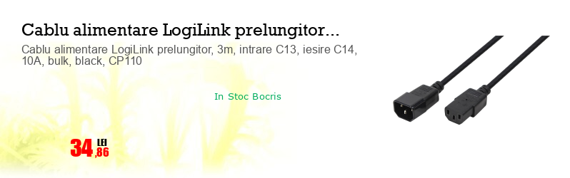 Cablu alimentare LogiLink prelungitor, 3m, intrare C13, iesire C14, 10A, bulk, black, CP110