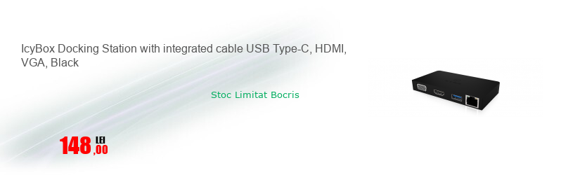 IcyBox Docking Station with integrated cable USB Type-C, HDMI, VGA, Black