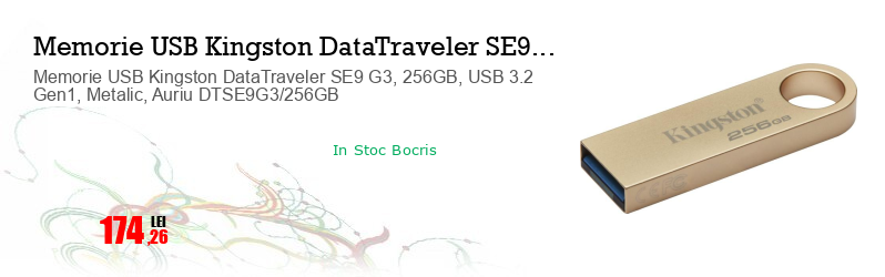 Memorie USB Kingston DataTraveler SE9 G3, 256GB, USB 3.2 Gen1, Metalic, Auriu DTSE9G3/256GB