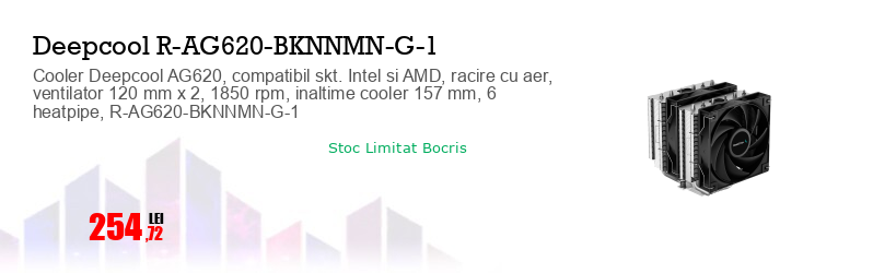 Cooler Deepcool AG620, compatibil skt. Intel si AMD, racire cu aer, ventilator 120 mm x 2, 1850 rpm, inaltime cooler 157 mm, 6 heatpipe, R-AG620-BKNNMN-G-1