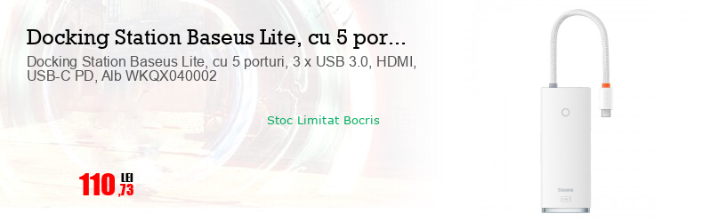Docking Station Baseus Lite, cu 5 porturi, 3 x USB 3.0, HDMI, USB-C PD, Alb WKQX040002