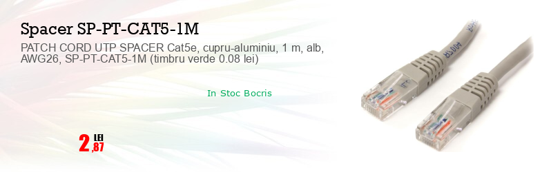 PATCH CORD UTP SPACER Cat5e, cupru-aluminiu, 1 m, alb, AWG26, SP-PT-CAT5-1M (timbru verde 0.08 lei) 