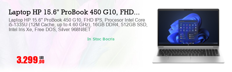 Laptop HP 15.6'' ProBook 450 G10, FHD IPS, Procesor Intel Core i5-1335U (12M Cache, up to 4.60 GHz), 16GB DDR4, 512GB SSD, Intel Iris Xe, Free DOS, Silver 968N8ET