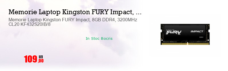 Memorie Laptop Kingston FURY Impact, 8GB DDR4, 3200MHz CL20 KF432S20IB/8
