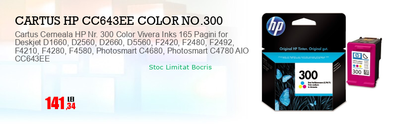 Cartus Cerneala HP Nr. 300 Color Vivera Inks 165 Pagini for Deskjet D1660, D2560, D2660, D5560, F2420, F2480, F2492, F4210, F4280, F4580, Photosmart C4680, Photosmart C4780 AIO CC643EE